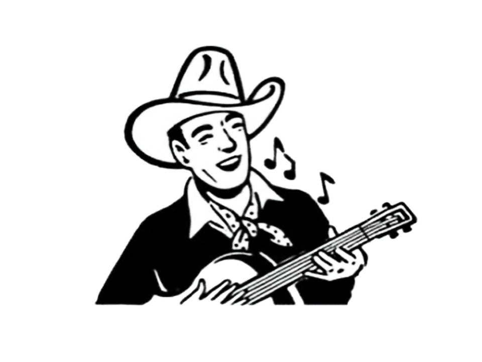 Drawing of a country musician playing guitar with music notes flowing in the air