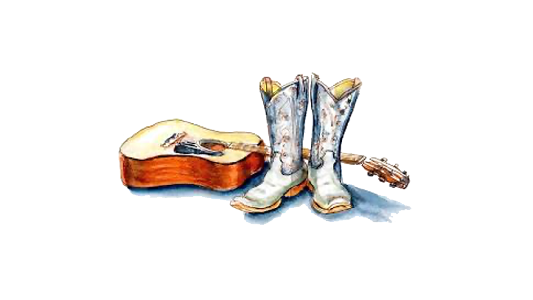drawing of a guitar laying on the floor next to a pair of western boots