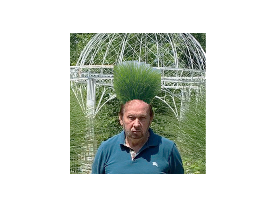 man with a plant on his head