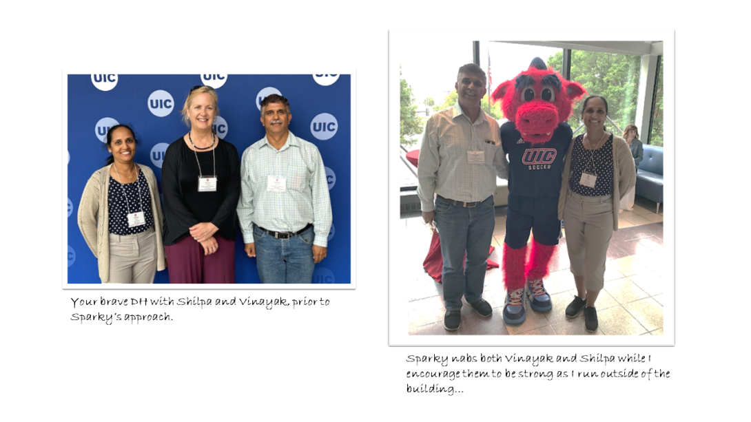 Dr. Shilpa Sant, Dr. Vinayak Sant, Dr. Nancy E. Freitag, and UIC Mascot, Sparky